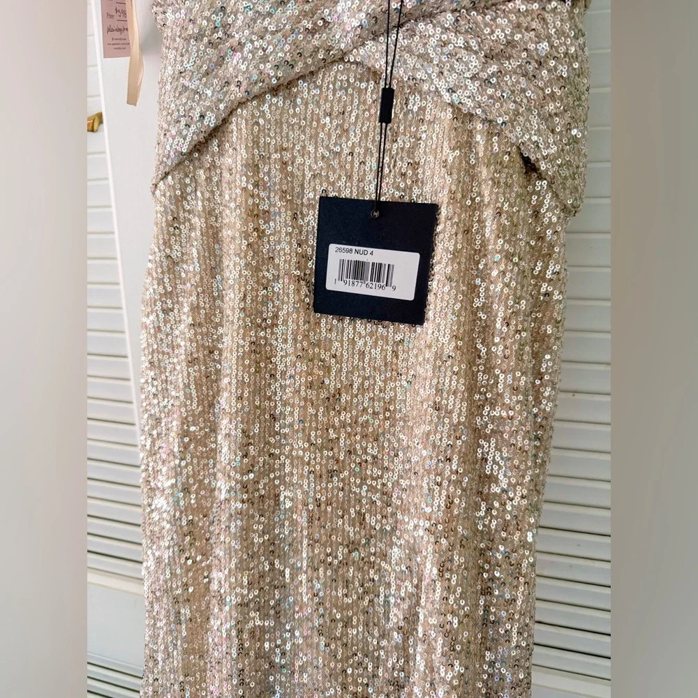 Mac Duggal Ieena 26598 V-Neck Wrap Waist Sequin Gown Dress New Champagne Formal